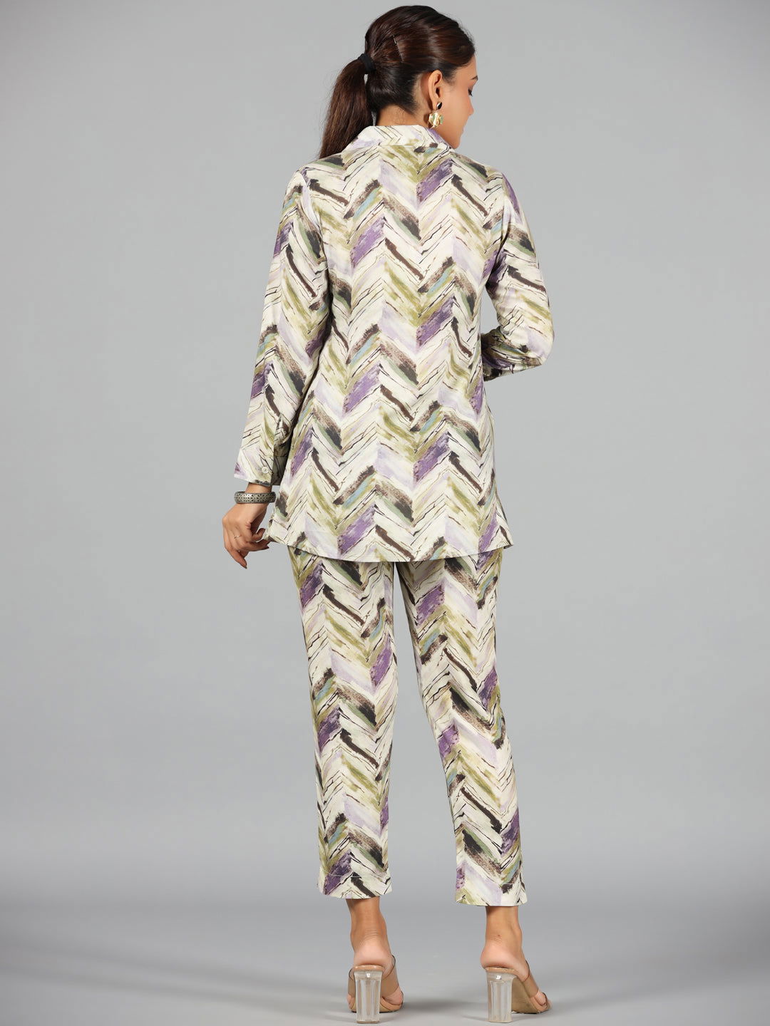 Lavender and Olive Abstract Chevron Print Co-ord Set