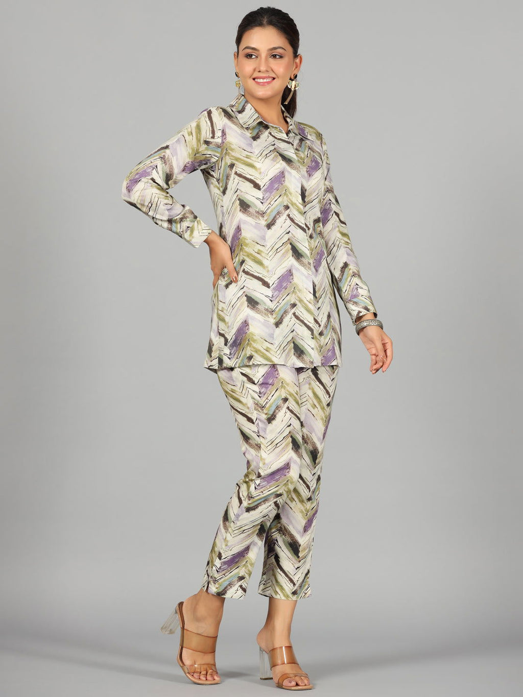 Lavender and Olive Abstract Chevron Print Co-ord Set