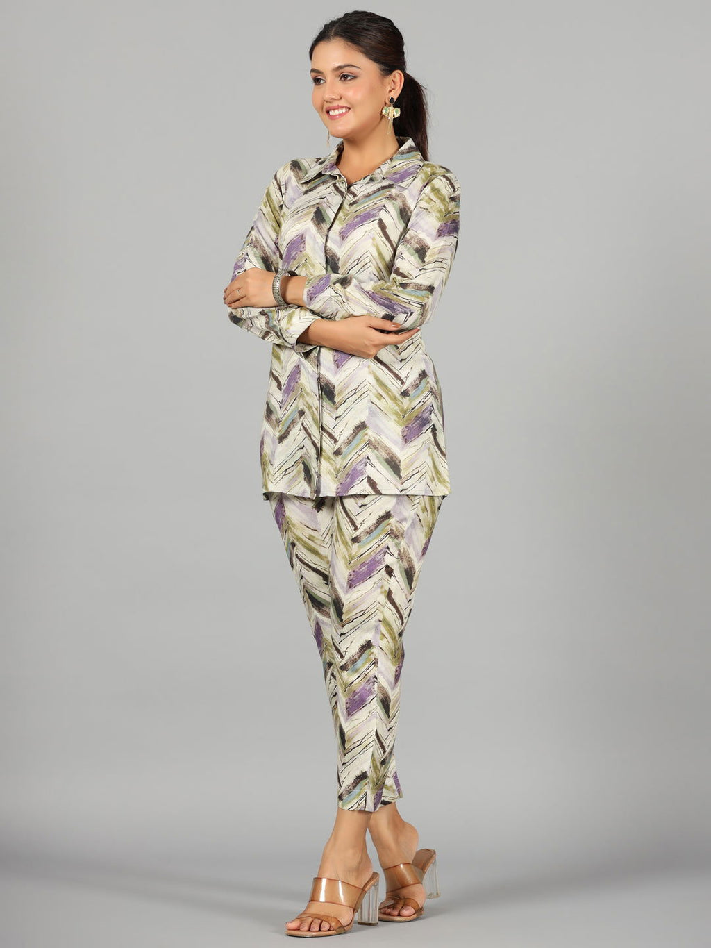Lavender and Olive Abstract Chevron Print Co-ord Set