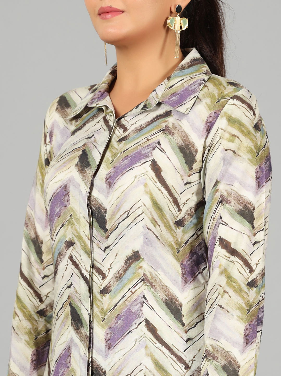 Lavender and Olive Abstract Chevron Print Co-ord Set