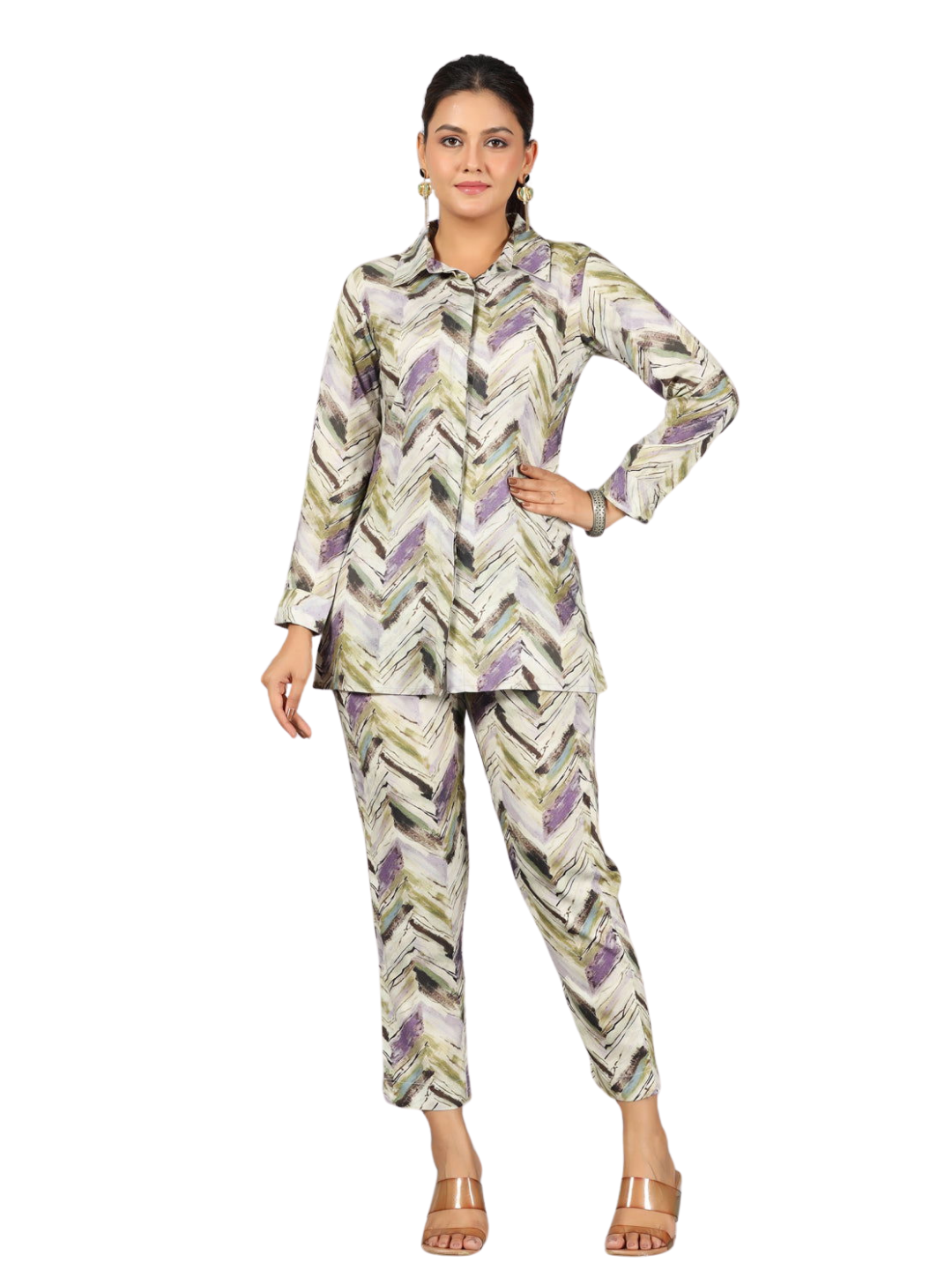 Lavender and Olive Abstract Chevron Print Co-ord Set