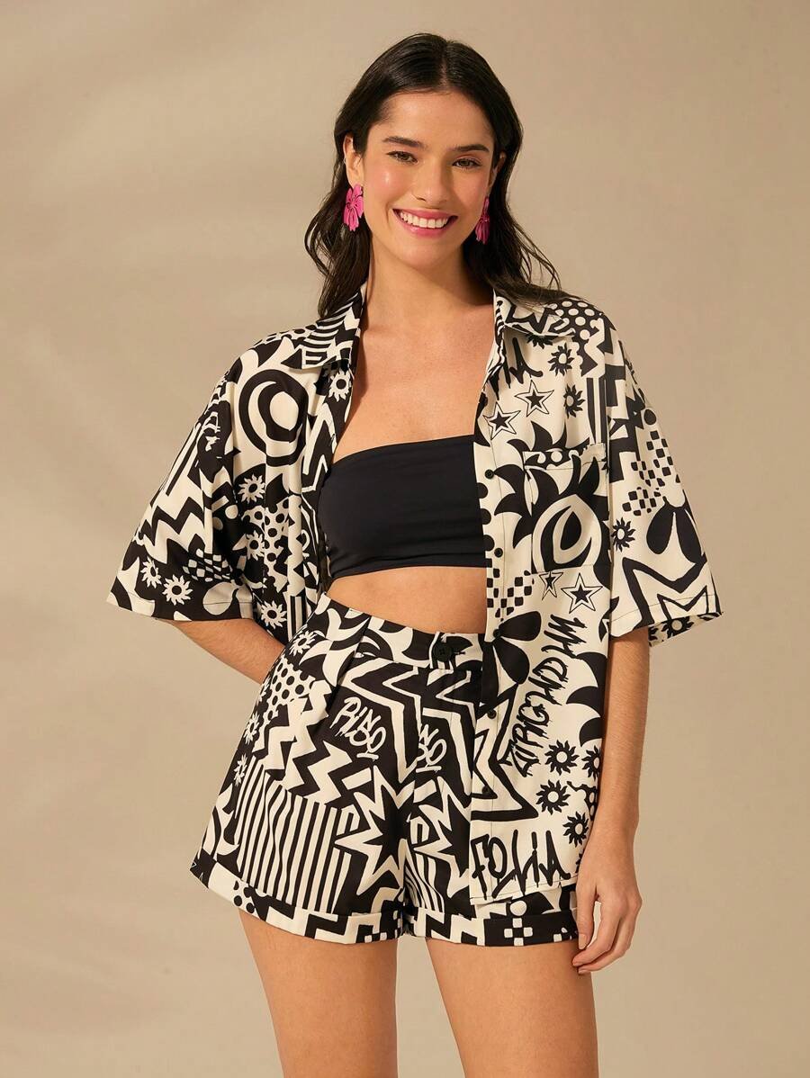 Monochrome Doodle Beach Cotton Co-ord Set (Shirt-Short Set)