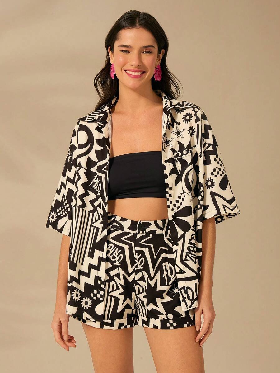 Monochrome Doodle Beach Cotton Co-ord Set (Shirt-Short Set)