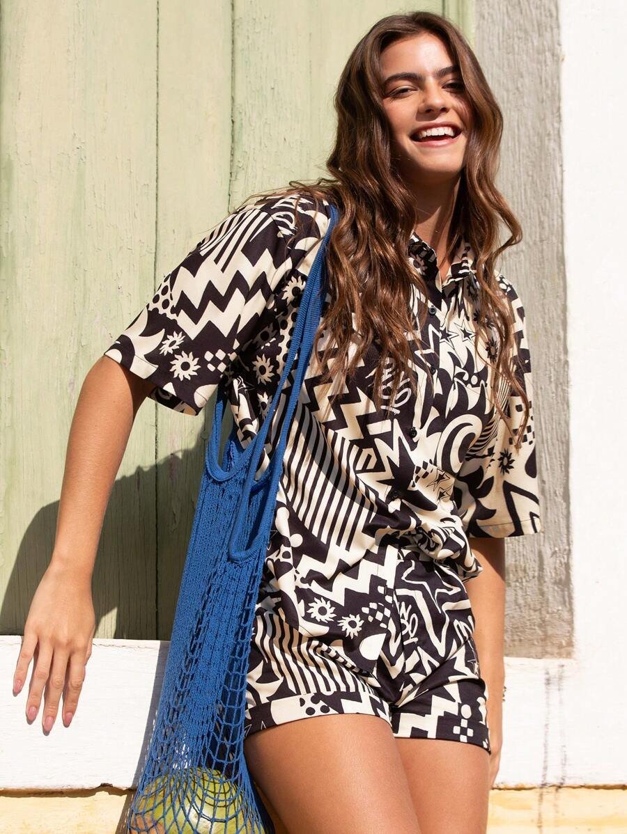 Monochrome Doodle Beach Cotton Co-ord Set (Shirt-Short Set)