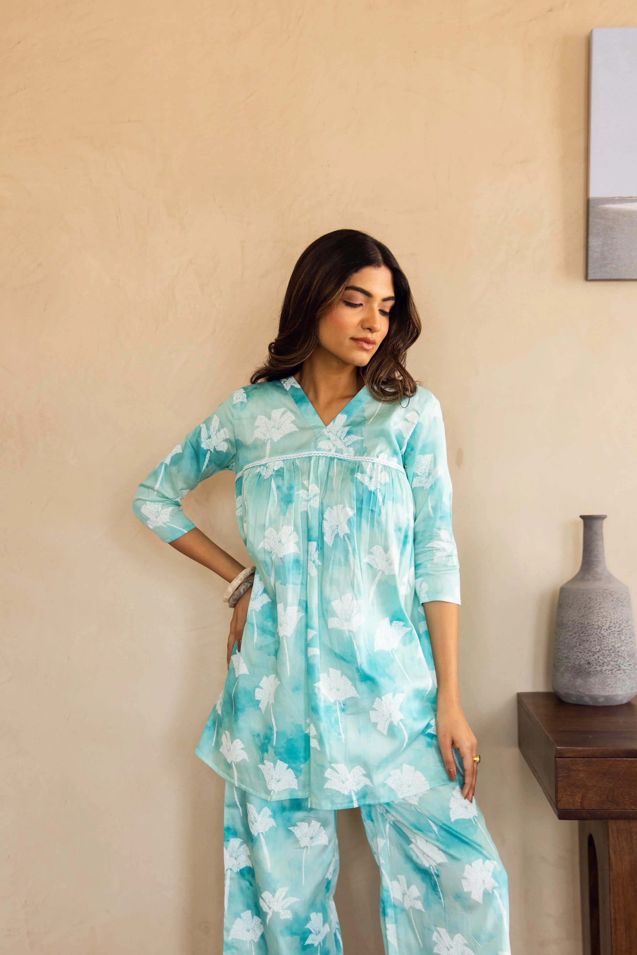 Turquoise Floral Tie-Dye Kurta Set