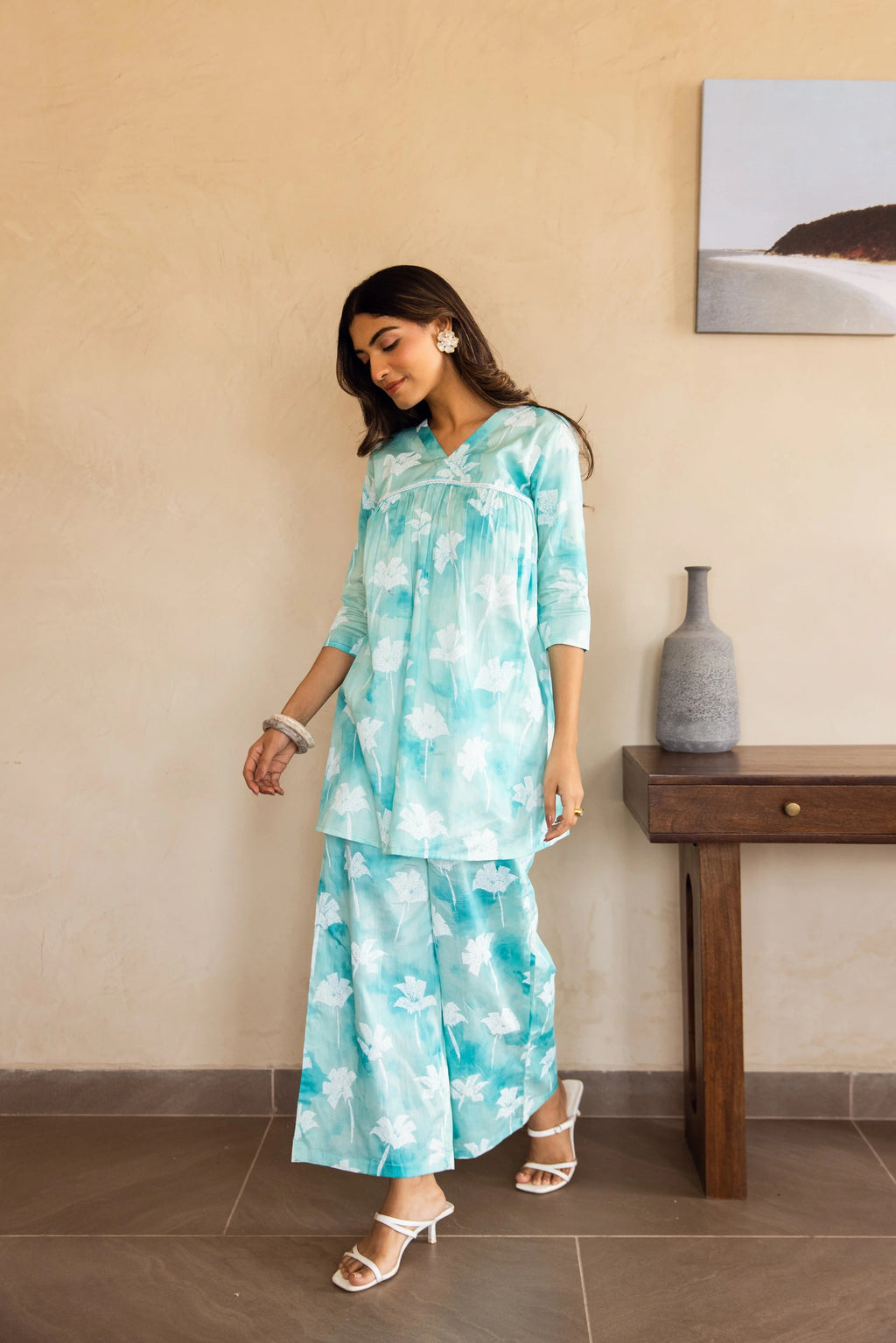 Turquoise Floral Tie-Dye Kurta Set