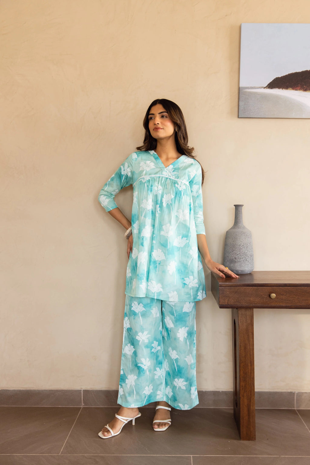 Turquoise Floral Tie-Dye Kurta Set