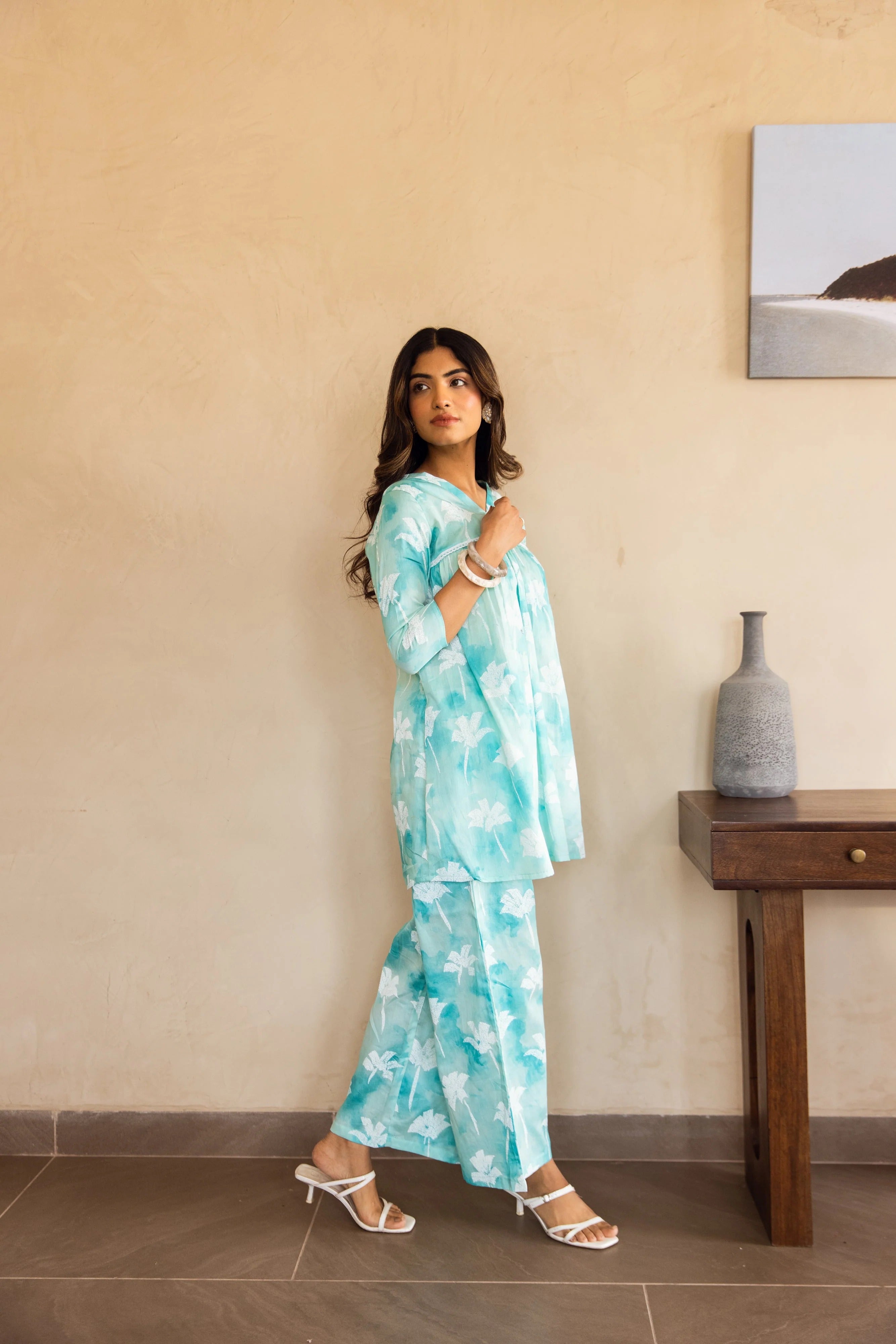 Turquoise Floral Tie-Dye Kurta Set