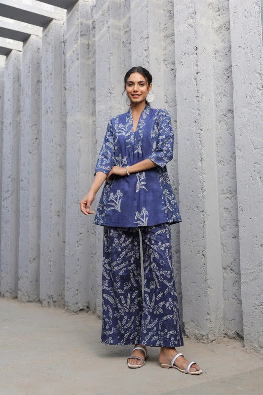 Indigo Blue Floral Hand Block Print Anarkali Co-ord Set