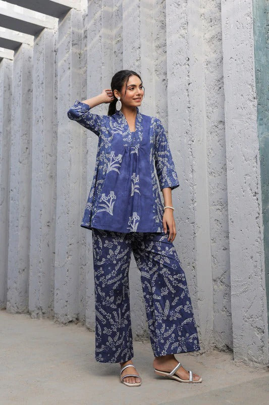 Indigo Blue Floral Hand Block Print Anarkali Co-ord Set