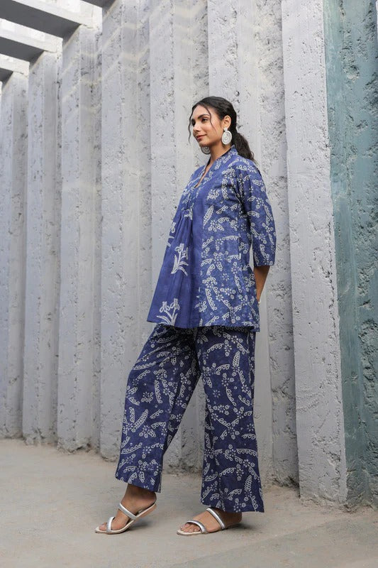 Indigo Blue Floral Hand Block Print Anarkali Co-ord Set