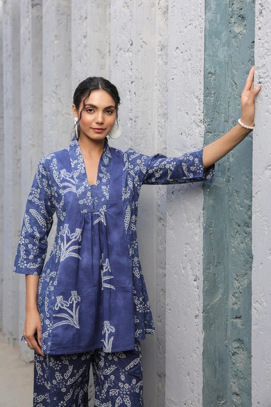 Indigo Blue Floral Hand Block Print Anarkali Co-ord Set