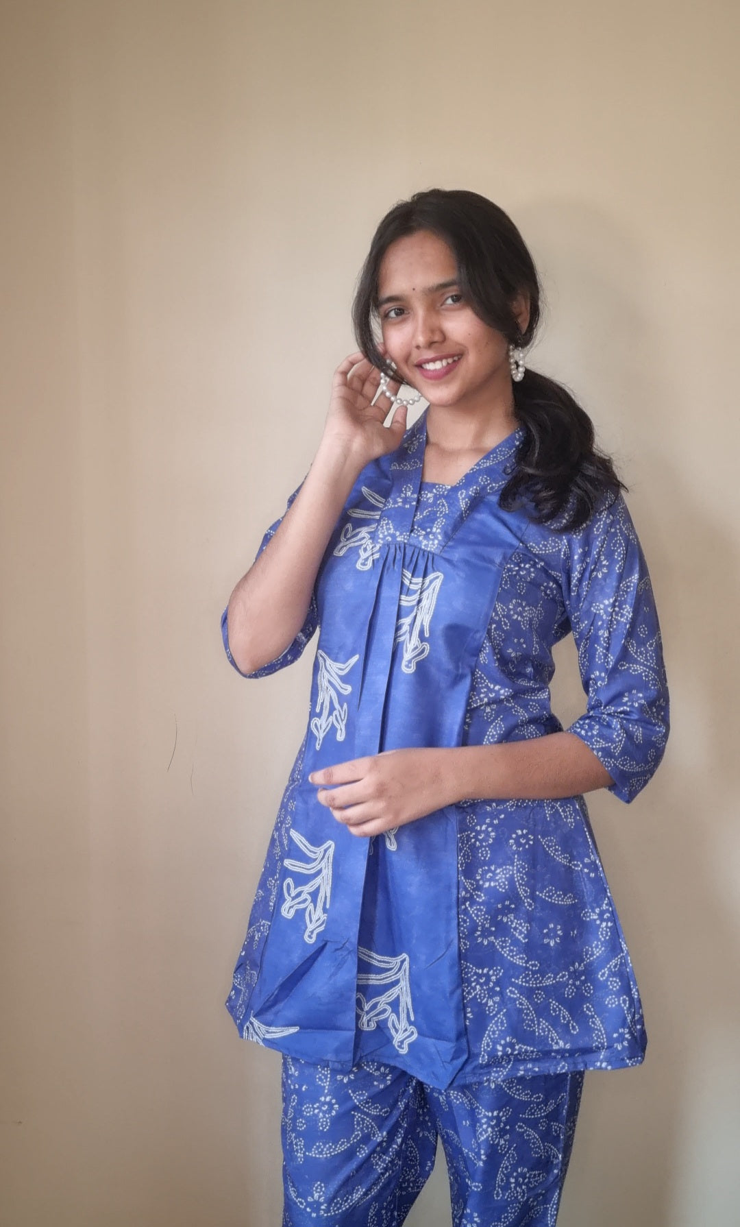 Indigo Blue Floral Hand Block Print Anarkali Co-ord Set
