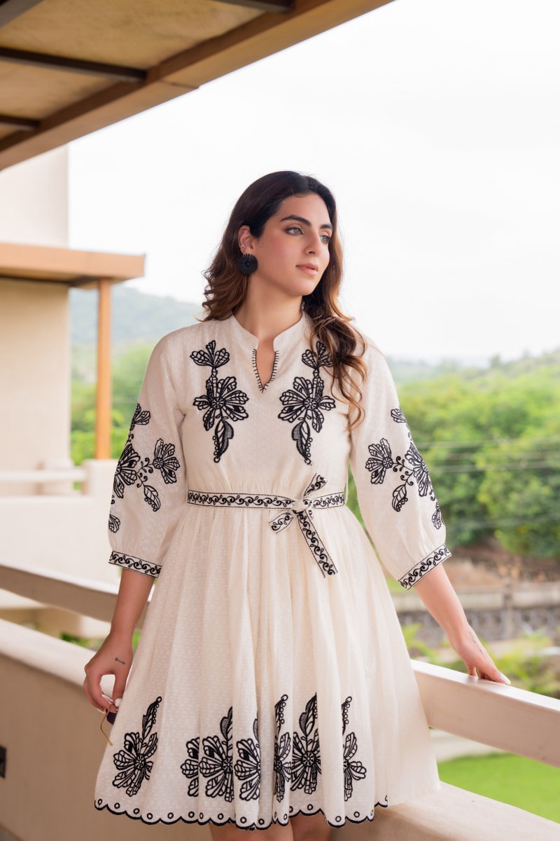 Cream & Black Floral Embroidered Midi Dress with Belt