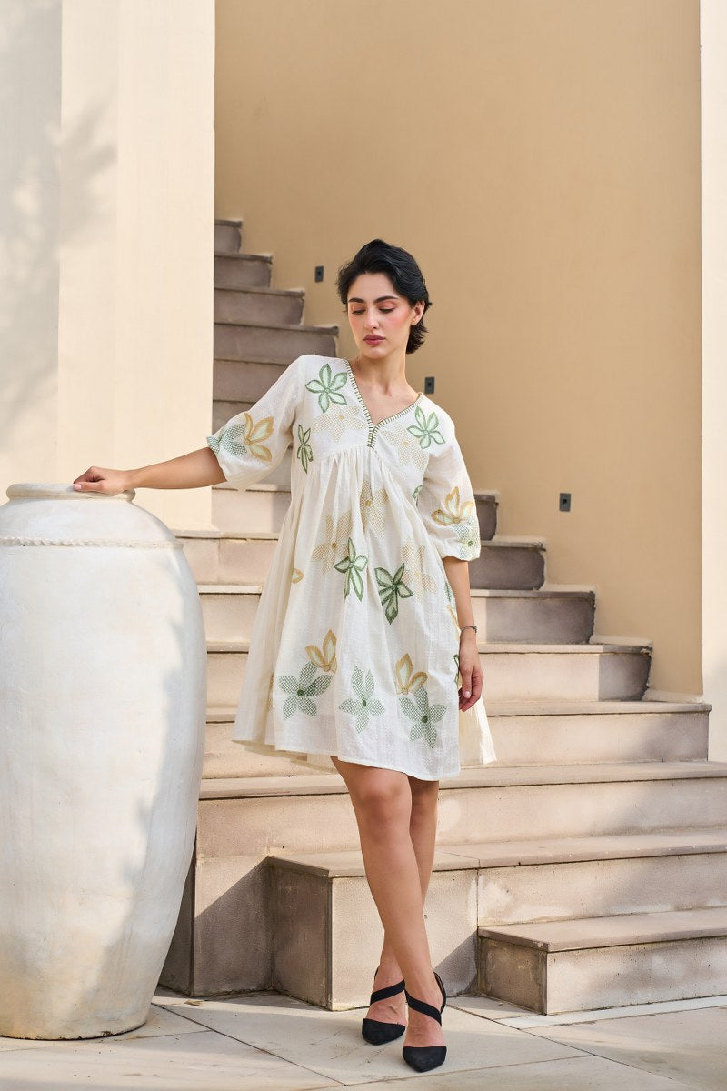 Off-White Floral Embroidered Cotton Dress