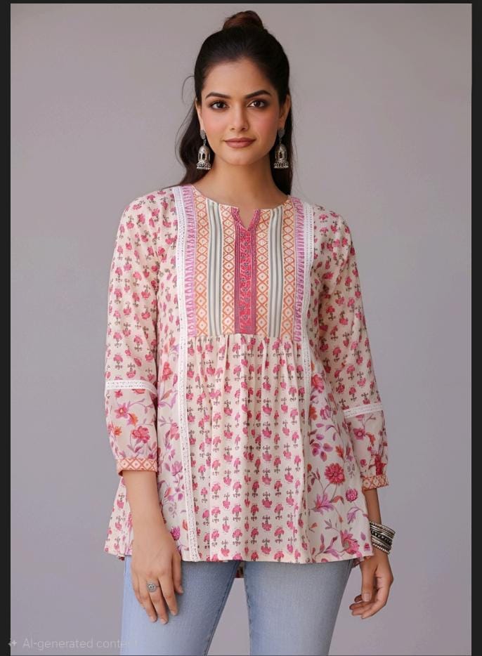 Cream and Pink Printed Ethnic Peplum Top