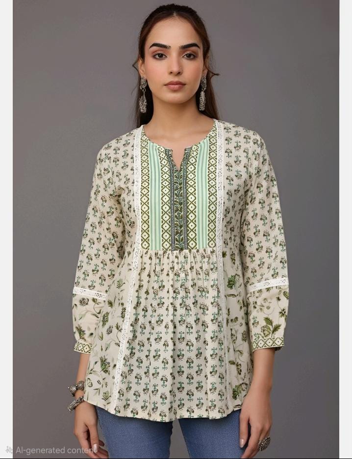 Cream and Green Printed Ethnic Peplum Top