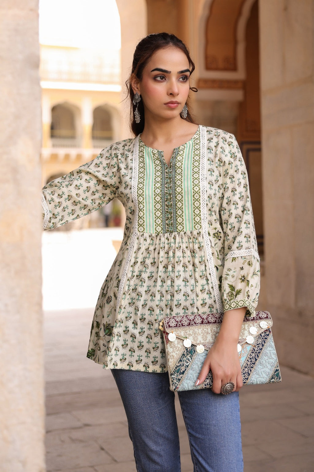 Cream and Green Printed Ethnic Peplum Top